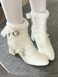 Block Removable Heel - in Bow Elegant PU Boots Interior White Plush High Collar with