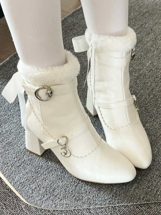 - PU Boots High Block Plush Heel Removable Interior Elegant Bow in White with Collar