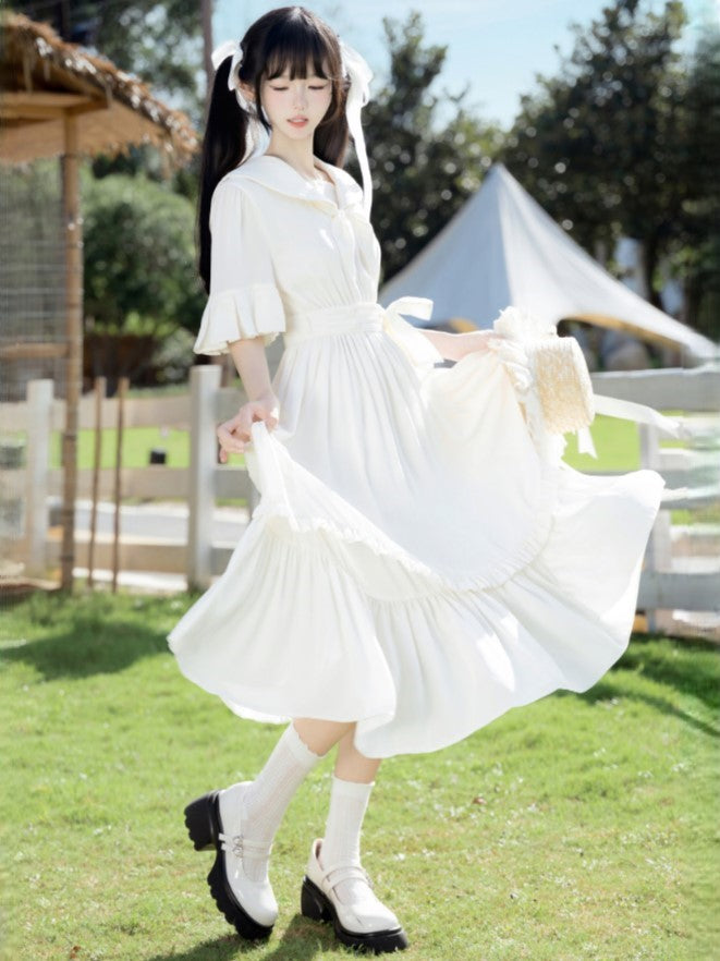 Trim White Ruffle Preppy Dress with Collar Sailor Midi