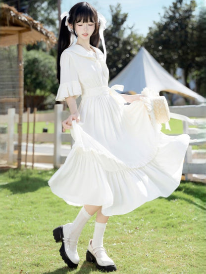 Trim White Ruffle Preppy Dress with Collar Sailor Midi
