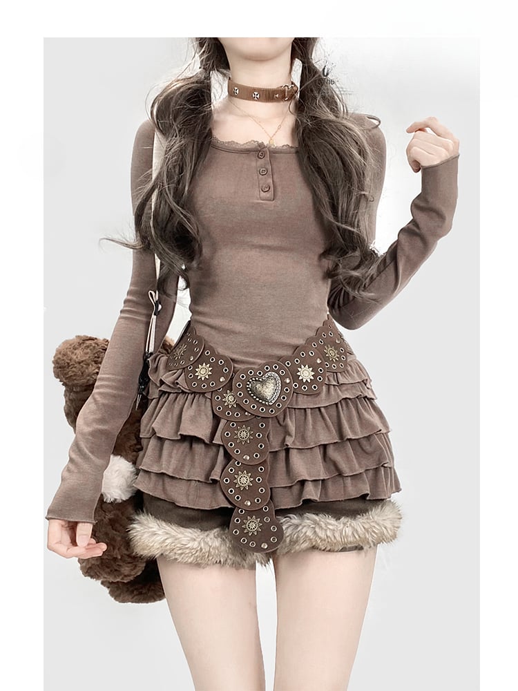 Robe mini à volants vintage marron à col rond et bordure en dentelle, coupe ajustée et glamour