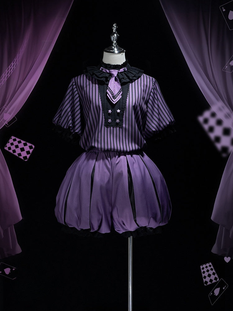 + Bloomers Vibes Theme Kuromi Bunny Purple Circus Lolita Ouji Black Set Pattern and Top Striped