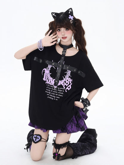 Black/Pink Glamorous Graphic T-Shirt with PU Straps Y2K Halter Neck