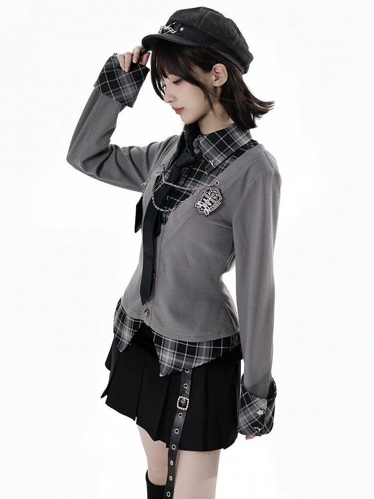 Academic Edgy Shirt Vibes Plaid Two-Piece Effortless Faux Gray –