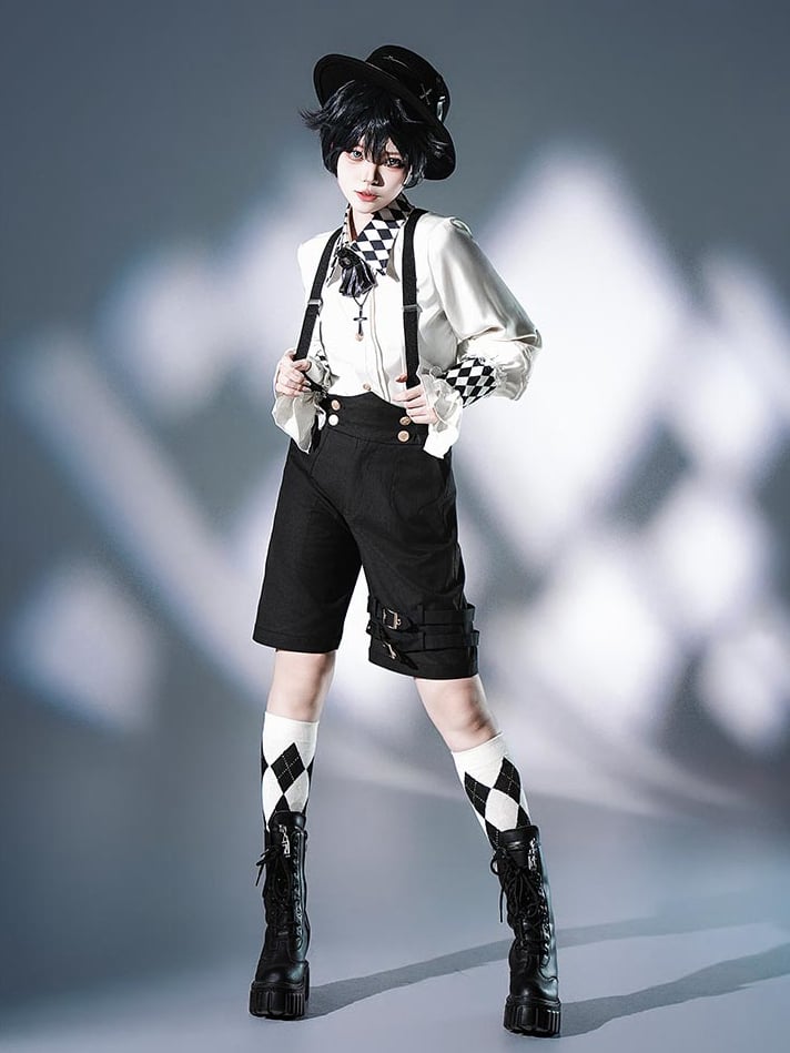 Vibes Weißes Hemd Ouji Circus Langer Kragen Schachbrettmanschetten Ärmel und Print Lolita