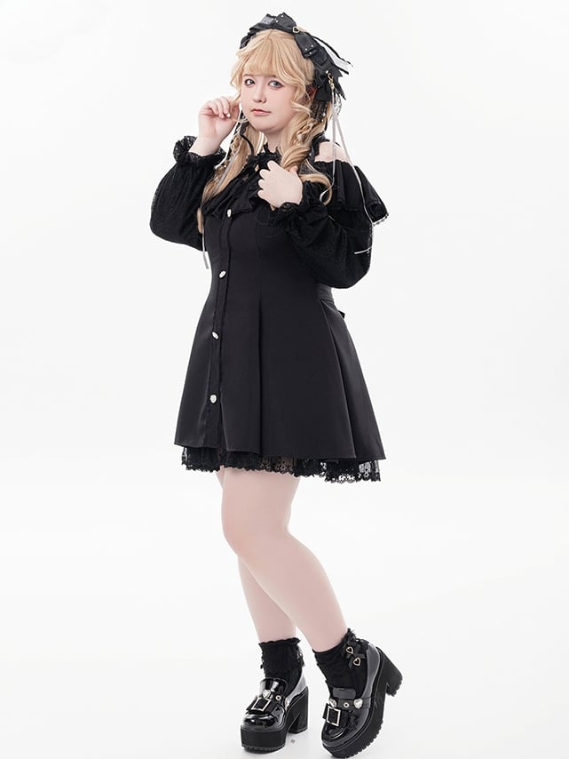 Schwarzes Jirai Kei-Kleid mit Illusionsausschnitt, ausgeschnittenen Schultern und langen Ärmeln und Fliege