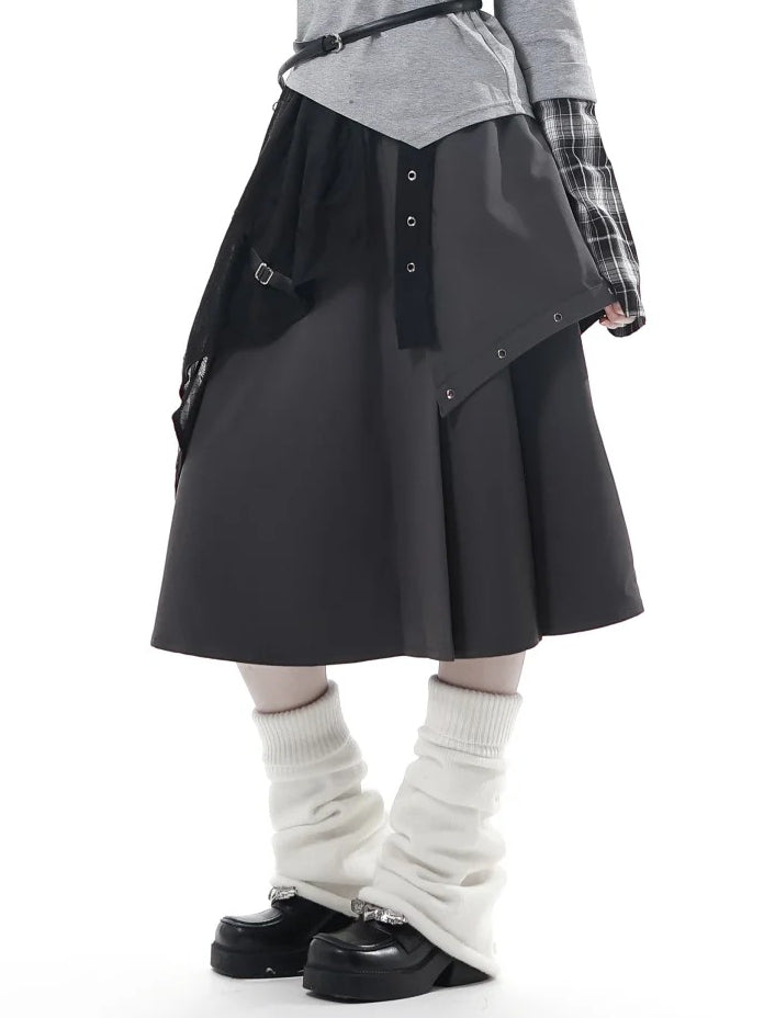 Pleated Metal and Hem with Waist Asymmetrical Elastic Studs Skirt Grey