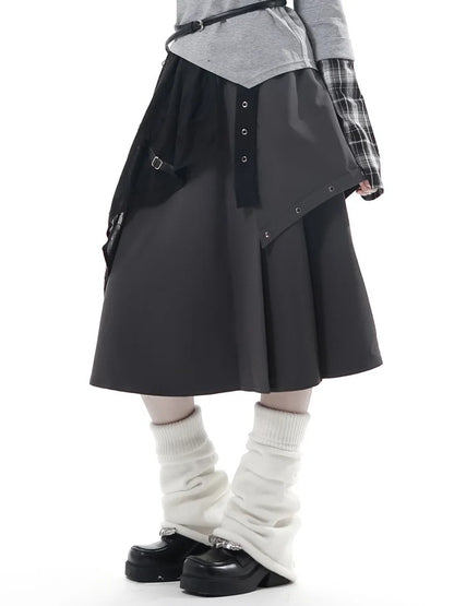 Pleated Metal and Hem with Waist Asymmetrical Elastic Studs Skirt Grey