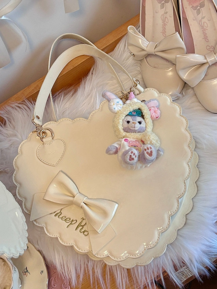 / with Crossbody Heart-shaped Hand - Zipper Bag Sweet PU Lolita Yellow Bow Leather
