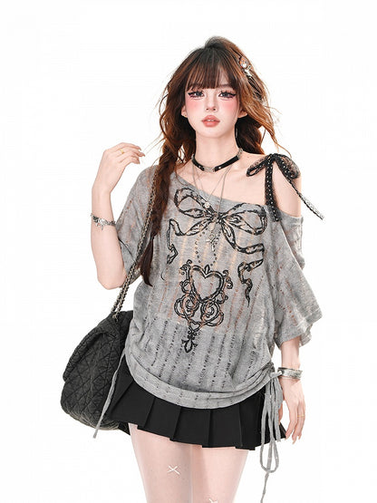 Gray Asymmetrical Neckline Drawstring Waist Hollow-out Graphic T-Shirt