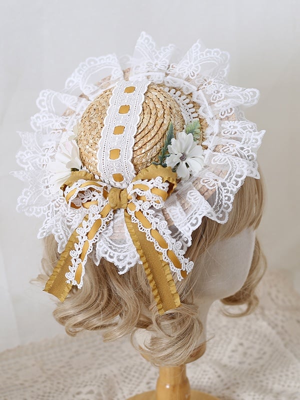 Straw Options 8 - With Flower Lace Bowknot Decorated Lolita Color Country Mini Hat
