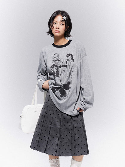 Print Top Neckline Crew Gray Casual Girl Trim with Anime Black
