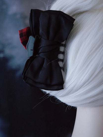 Pattern Claw Clip Red With Plaid Black Bowknot