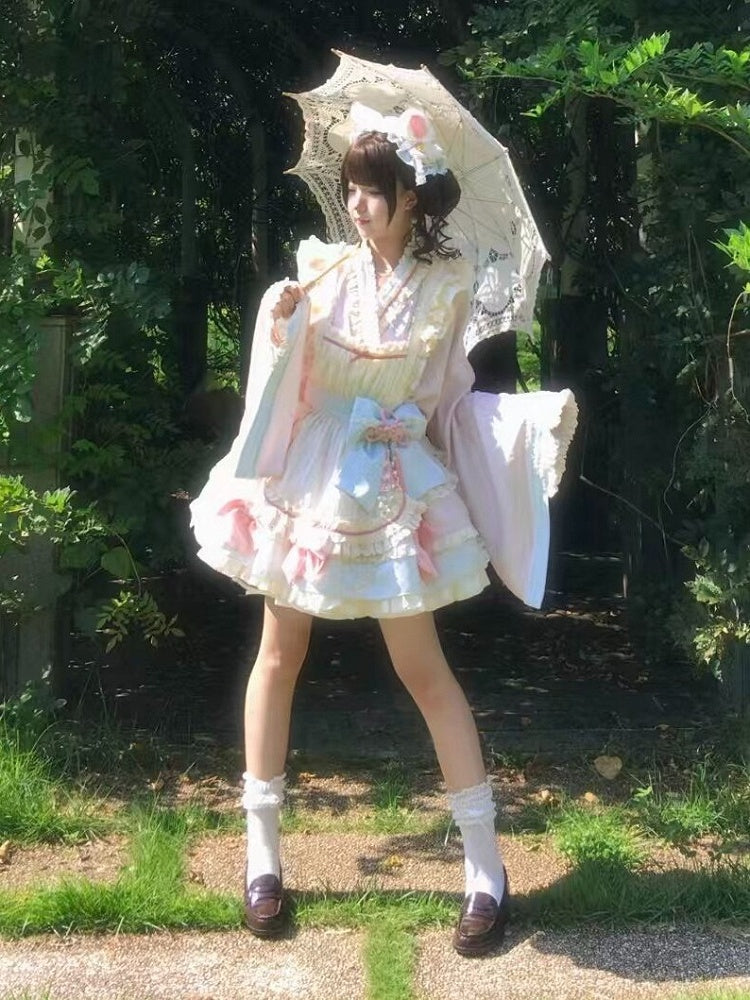 Hanfu-Inspired Lolita Top, Ruffle Mini Skirt & Apron Set in Pink Blue - Berry Story Lolita