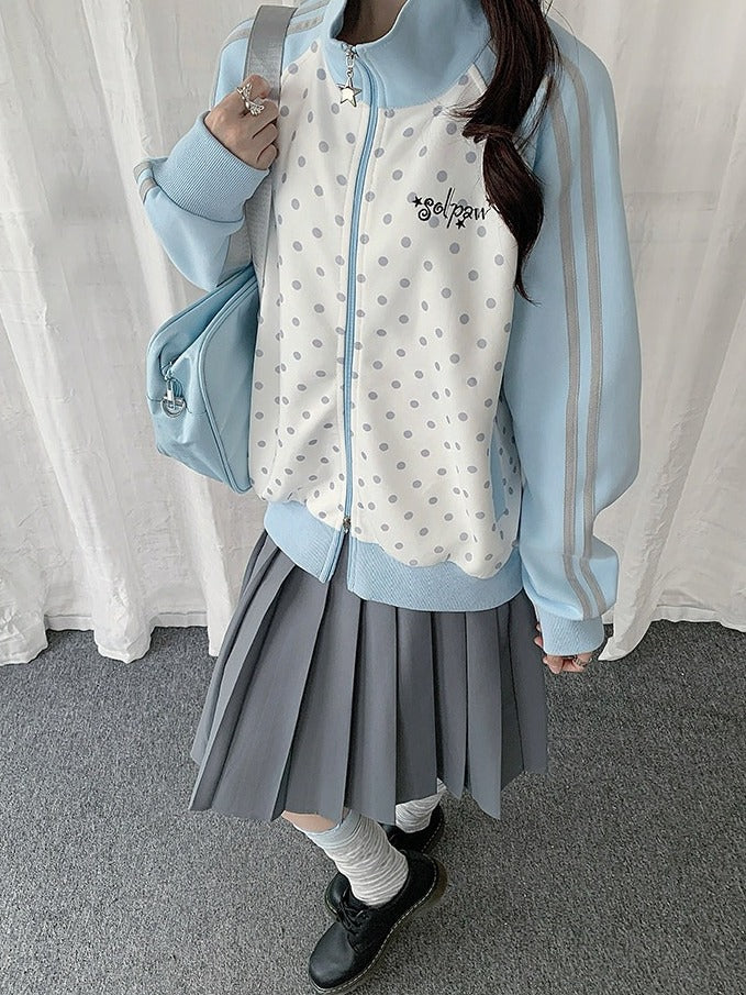 White Y2K Polka-Dot Zip-Up Jacket Featuring Stand Collar Style - Solkatt