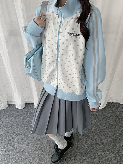White Y2K Polka-Dot Zip-Up Jacket Featuring Stand Collar Style - Solkatt
