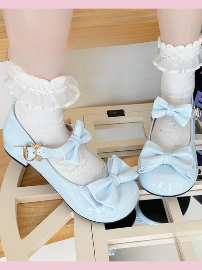 Rabbit Low Heels Lolita Sweet Buckle Details Bow Blue with PU