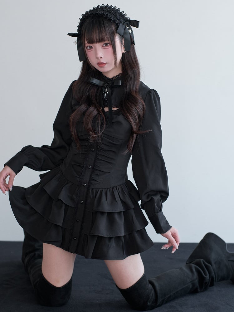 Set Multi-Layer Dress Black Cross Cut-Out Matching Shorts Bow + Decor Ruffled Kei Jirai