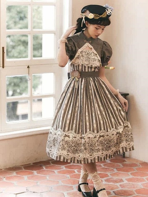 Skirt Classic Brown Long Jumper Print and Clock Lolita Floral Version