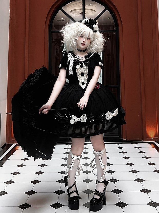 Black White Polka Dot Gothic Lolita Jumper Skirt with Bows Striped Hem - Tan Tuan