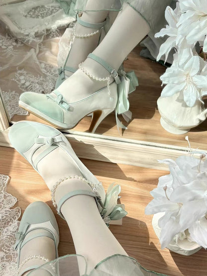 Green for Chain Lolita and with Charm Lace Back Beaded Elegant White Mid/High Trim Detachable Heels Bow Accent