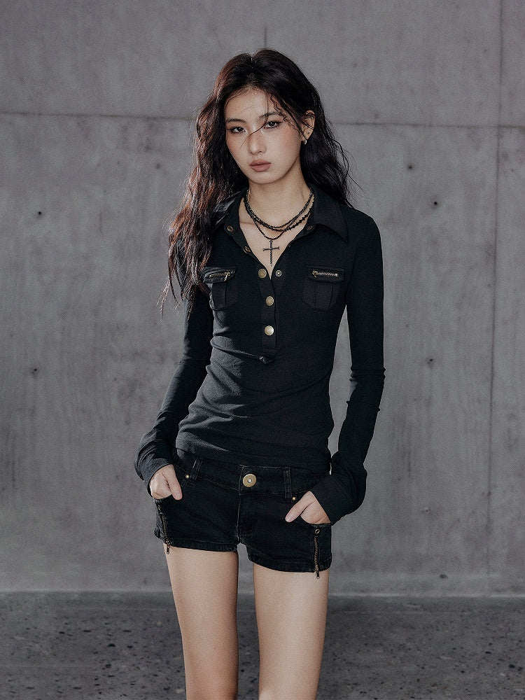 Button Knit Cuffs Black - Shirt Sleeve Long Slim-fitting