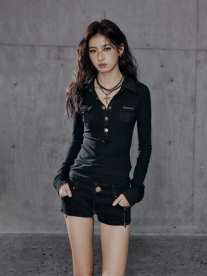 Button Knit Cuffs Black - Shirt Sleeve Long Slim-fitting