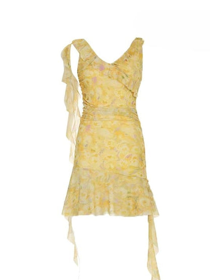 花柄ドレス ホワイト アシンメトリー イエロー ベージュ ホリデーセット - 透け感のある刺繍 + スカート裾