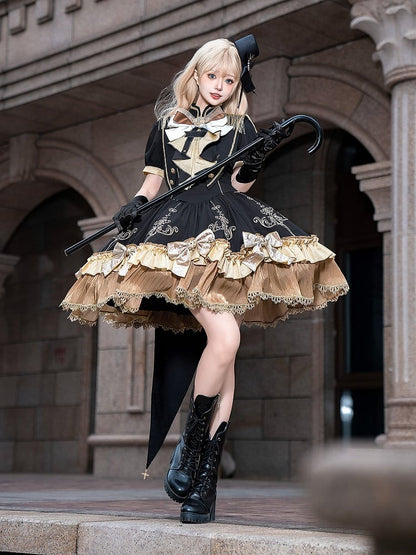 Cape Stand Dress Set Golden Lace Trim Lolita Collar Black Fringe + Gold