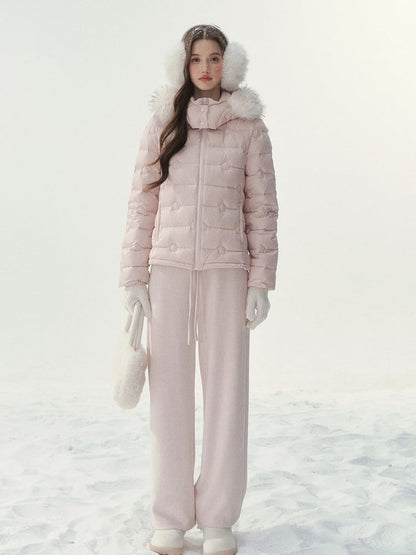 Hood Quilted Jacket Floral Plush with Pink Down Embossed Pattern Trim