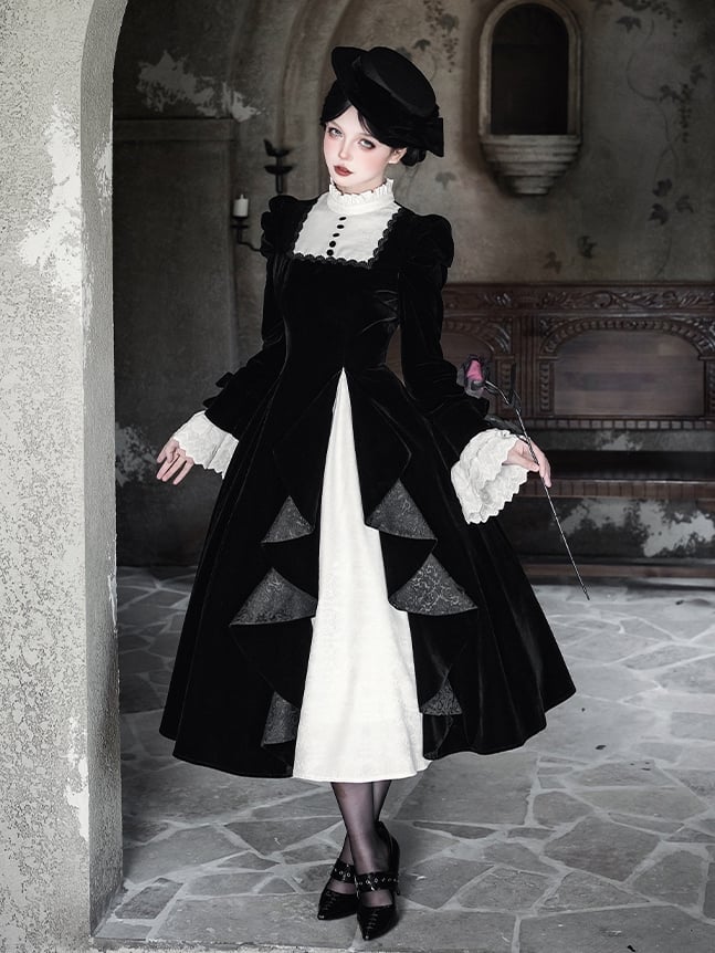 Black Cascading Lolita Elegant White Ruffled Dress Jacquard Ruffle Paneled Skirt with Fabric Neck