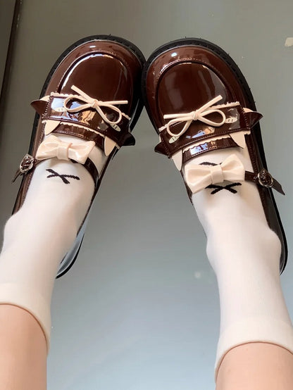 Low-heel with Brown PU Lamb Heart Dazed Buckle and Bow Details Shoes JK Cute