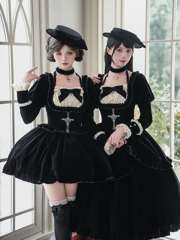 Autumn/Winter Lolita Waist + Brooch Boned for Choker Black Velvet Dress Set Version Bow Basque Short Hat