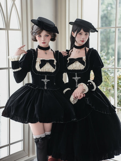 Autumn/Winter Lolita Waist + Brooch Boned for Choker Black Velvet Dress Set Version Bow Basque Short Hat