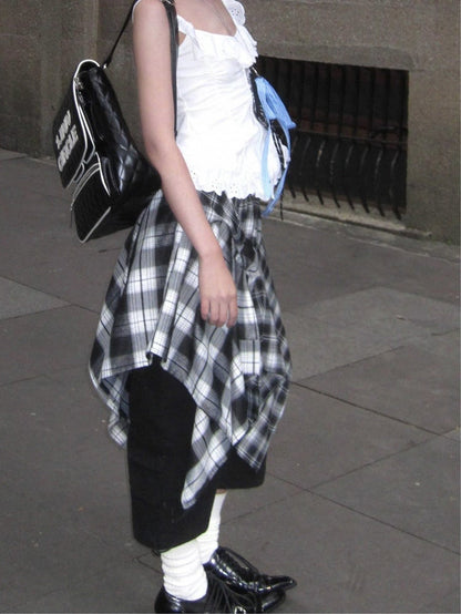 Plaid A-Line Handkerchief Skirt Black White with Hem