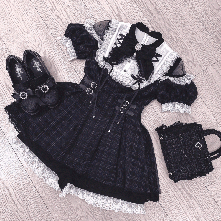 Trim Jirai Pattern Open in Dress Kei Plaid Lace White Shoulder with Lace-up Black Neckline