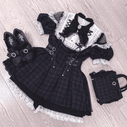 Trim Jirai Pattern Open in Dress Kei Plaid Lace White Shoulder with Lace-up Black Neckline