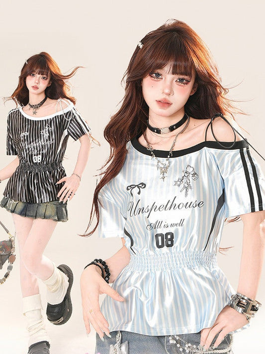 Asymmetrical Neckline Striped T-shirt Smocked Elastic Waist Blokette Core Black/Blue