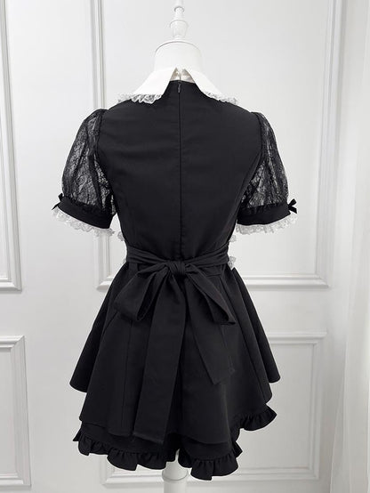 Strass-Shirt-Set, Herzform, schwarze Fliege, Dekoration, Schal, Kei Jirai-Oberteil mit Kragen + Spitzenshorts