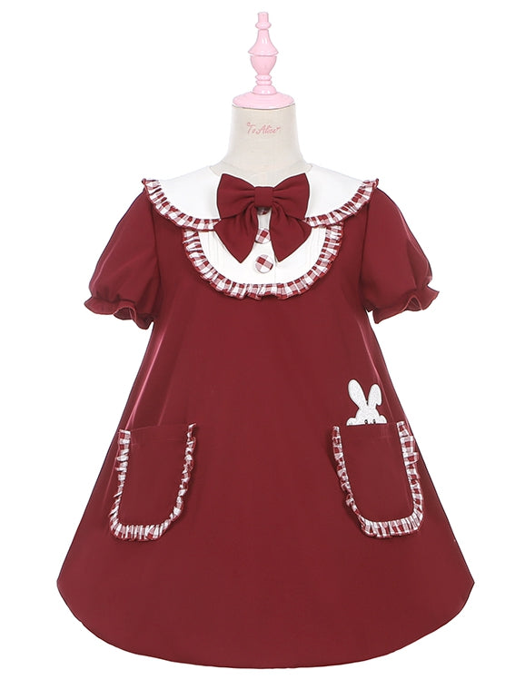 ワインレッドのバニー耳ピーターパンカラーバブルスカートドレス