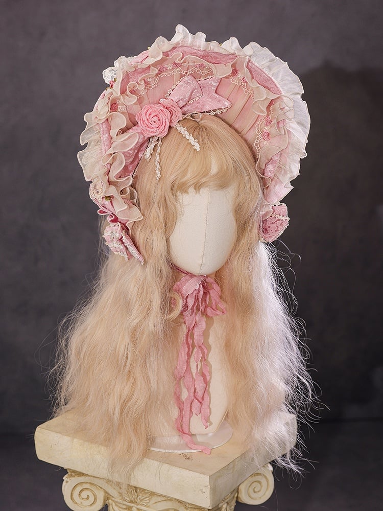 Rosa Hanayome Rosette Stickerei Blumen und Perlenkette Details Lolita OP Komplettset