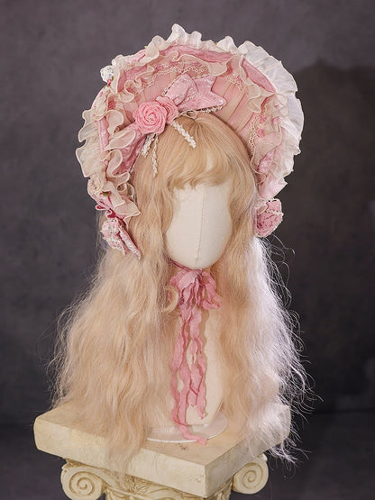 Rosa Hanayome Rosette Stickerei Blumen und Perlenkette Details Lolita OP Komplettset