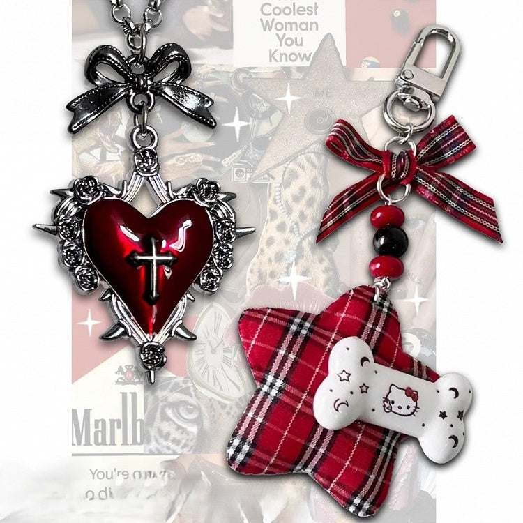 Schleife Halskette Y2K Rotes Kreuz Burgund Herz Schlüsselanhänger/Rot