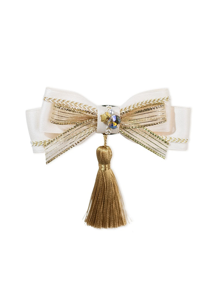 White Yellow Green Dark Blue Bow Lolita Hairclip with Tassel - Crucis Universal Tailor Company