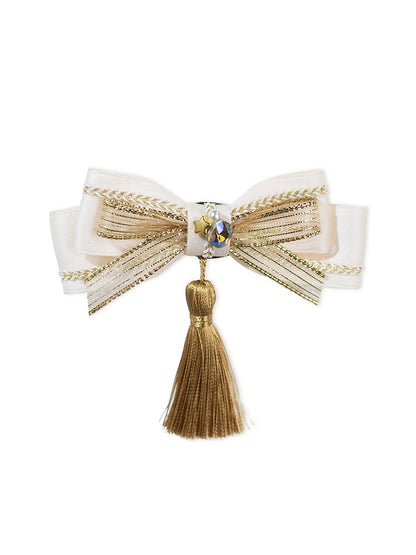 White Yellow Green Dark Blue Bow Lolita Hairclip with Tassel - Crucis Universal Tailor Company
