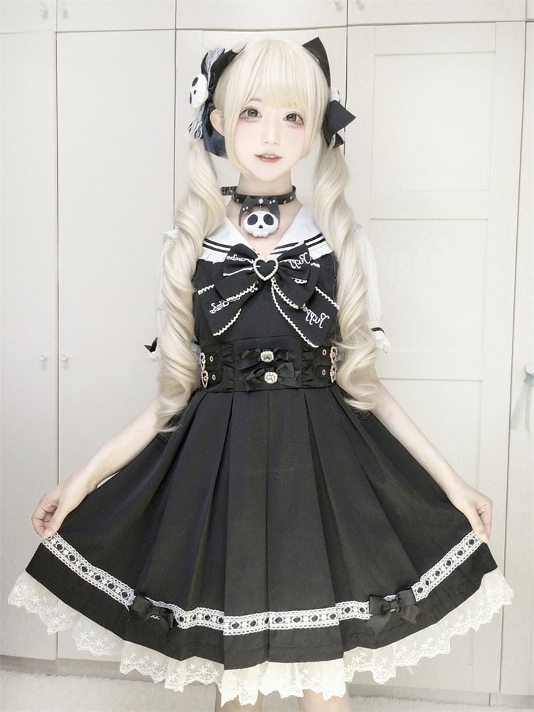 Heart Pink Sailor Collar Jirai Kei Dress Black/Light Back Bow with Self-tie Buckles