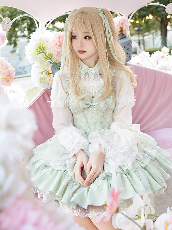 Light Green Boned Corset Waist Layered Dress Balletcore Lolita Jumper Skirt