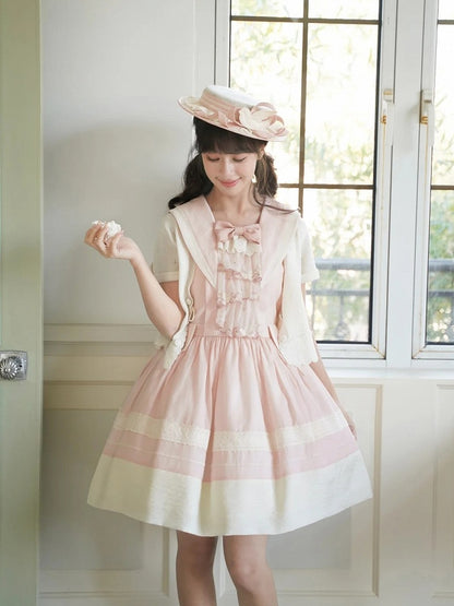 Trims Lolita Accent Beige Pink with Lace Dress and Collar Sailor Bow