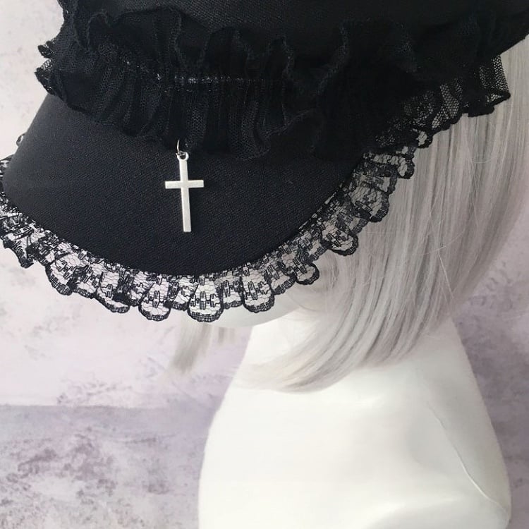 Lace With Black Trim Cross Pendant Beret