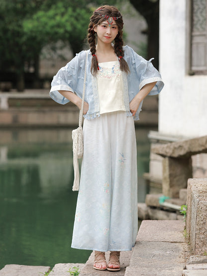 Sleeves Top Hem Butterfly Floral Embroidery Blue Tassels Design Long